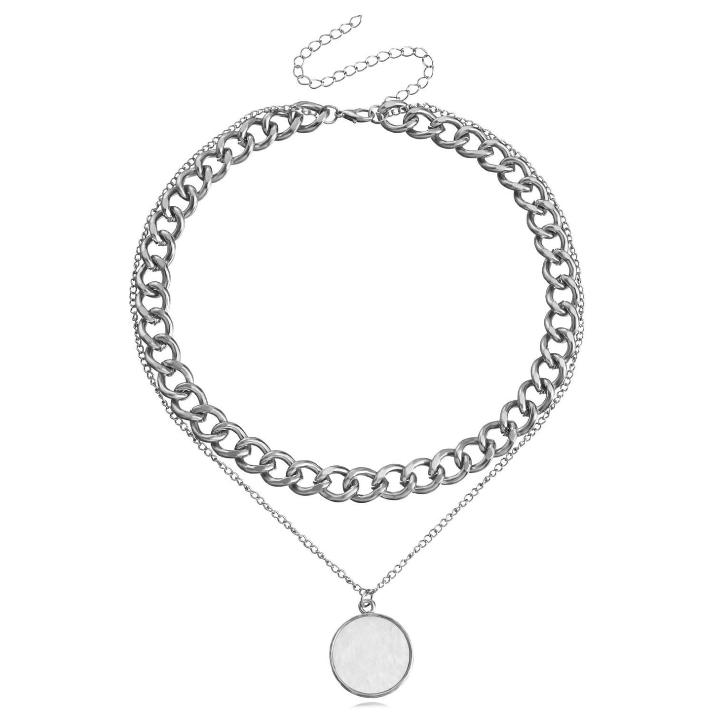 Minimalist Two-Tier Necklace for Women - Natural Shell Pendant with Raw Aluminum Link Chain | 90s Retro Dainty Jewelry