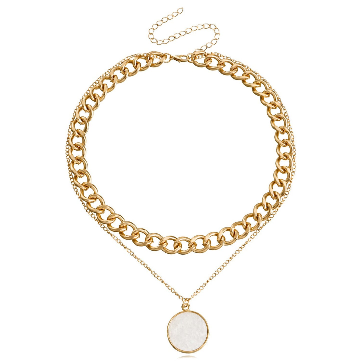 Minimalist Two-Tier Necklace for Women - Natural Shell Pendant with Raw Aluminum Link Chain | 90s Retro Dainty Jewelry