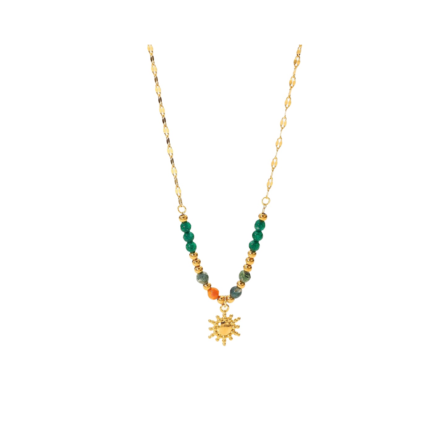 Boho Sun Pendant Stainless Steel Necklace with Natural Stone Vintage French Inspired Jewelry