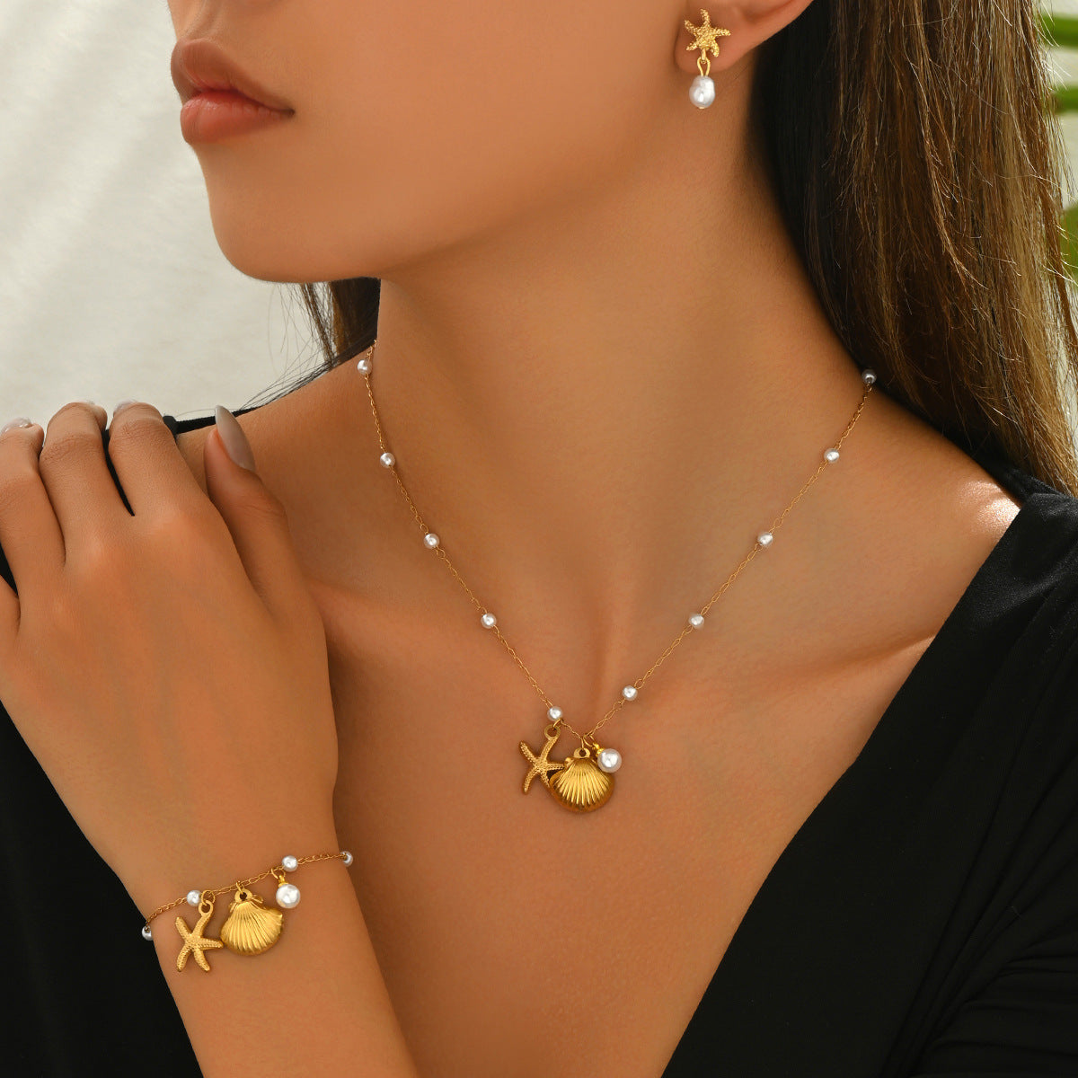 Ocean Jewelry Set for Women - Shell & Pearl Necklace Earrings Bracelet | Beachy Boho Accessories | Summer Vacation Jewelry Gift