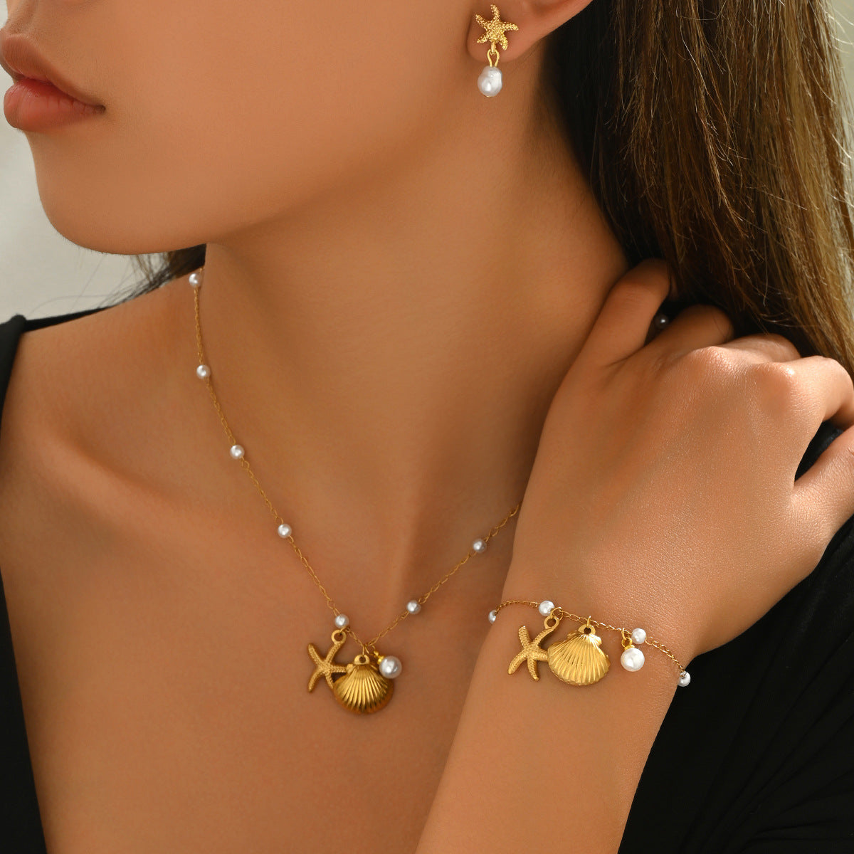 Ocean Jewelry Set for Women - Shell & Pearl Necklace Earrings Bracelet | Beachy Boho Accessories | Summer Vacation Jewelry Gift