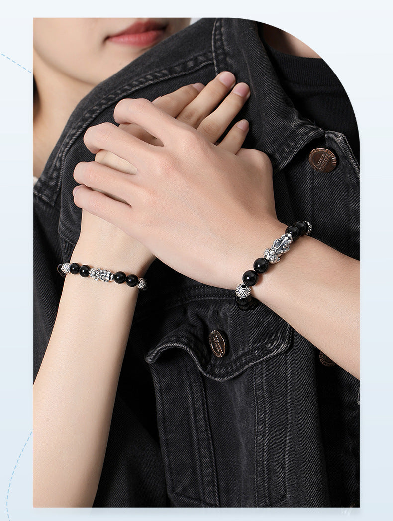 Pure Silver999Vintage Men's Accessories3D Hard Pixiu Bracelet Obsidian Bead Bracelet for Women520Valentine's Day gift for girlfriend