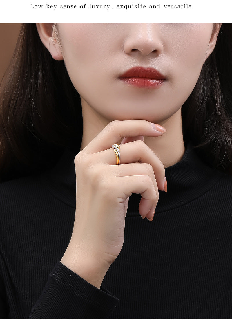 Double Ring S925 Silver Ring Plain Band Water Ripple Adjustable Ring Ins Style Simple Stacking Jewelry