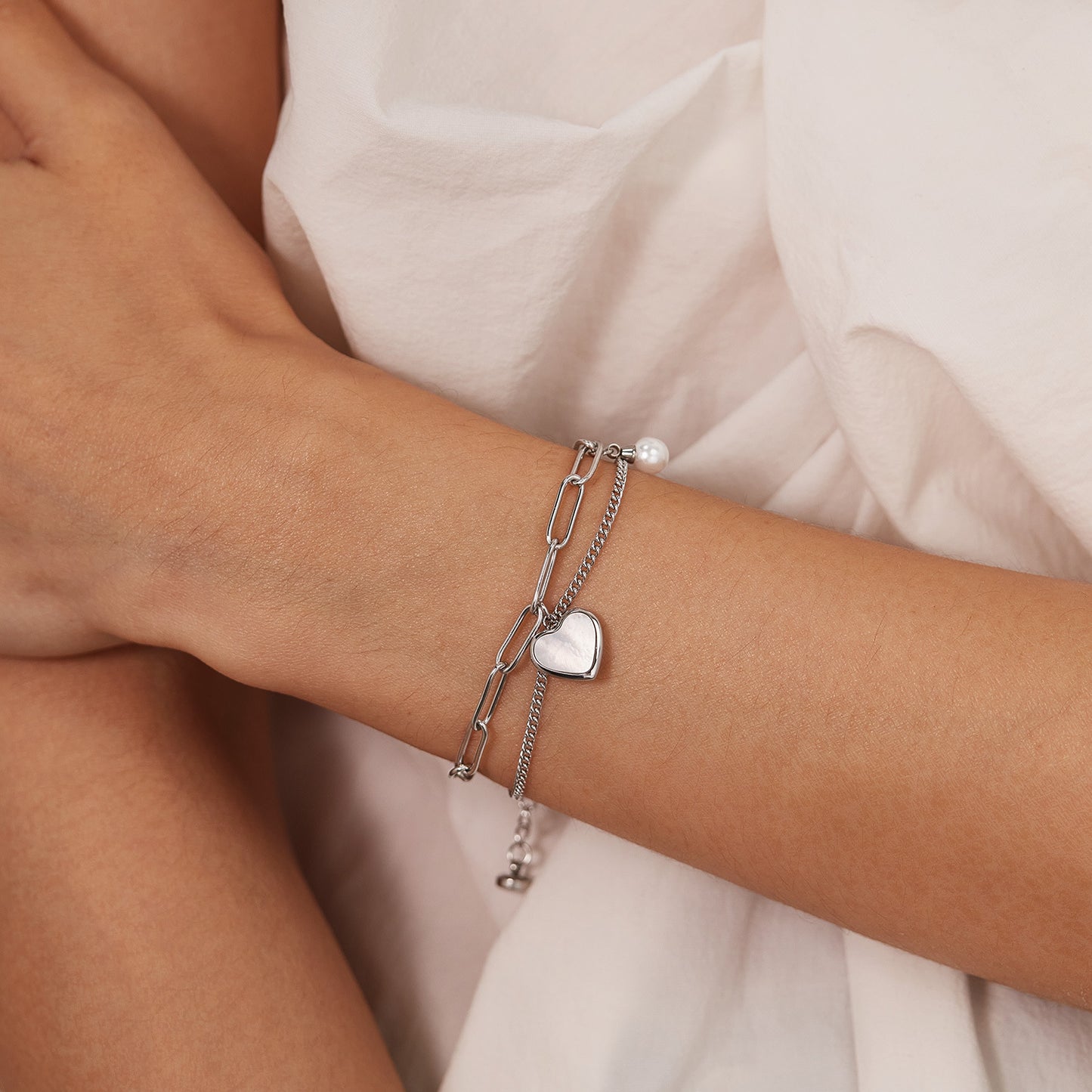 Luxury Double Layer Titanium Steel Pearl Bracelet for Women - Fashion Adjustable Heart Pendant Dainty Hand Jewelry