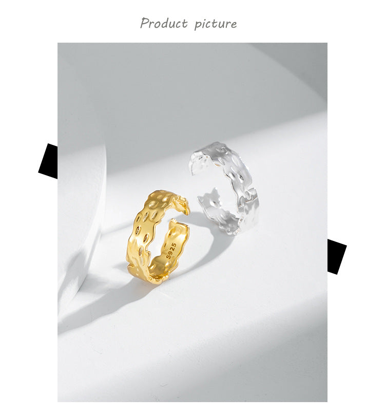 Irregular Concave-Convex Surface Tin Foil Pattern Ring for Women S925 Adjustable Silver Ring
