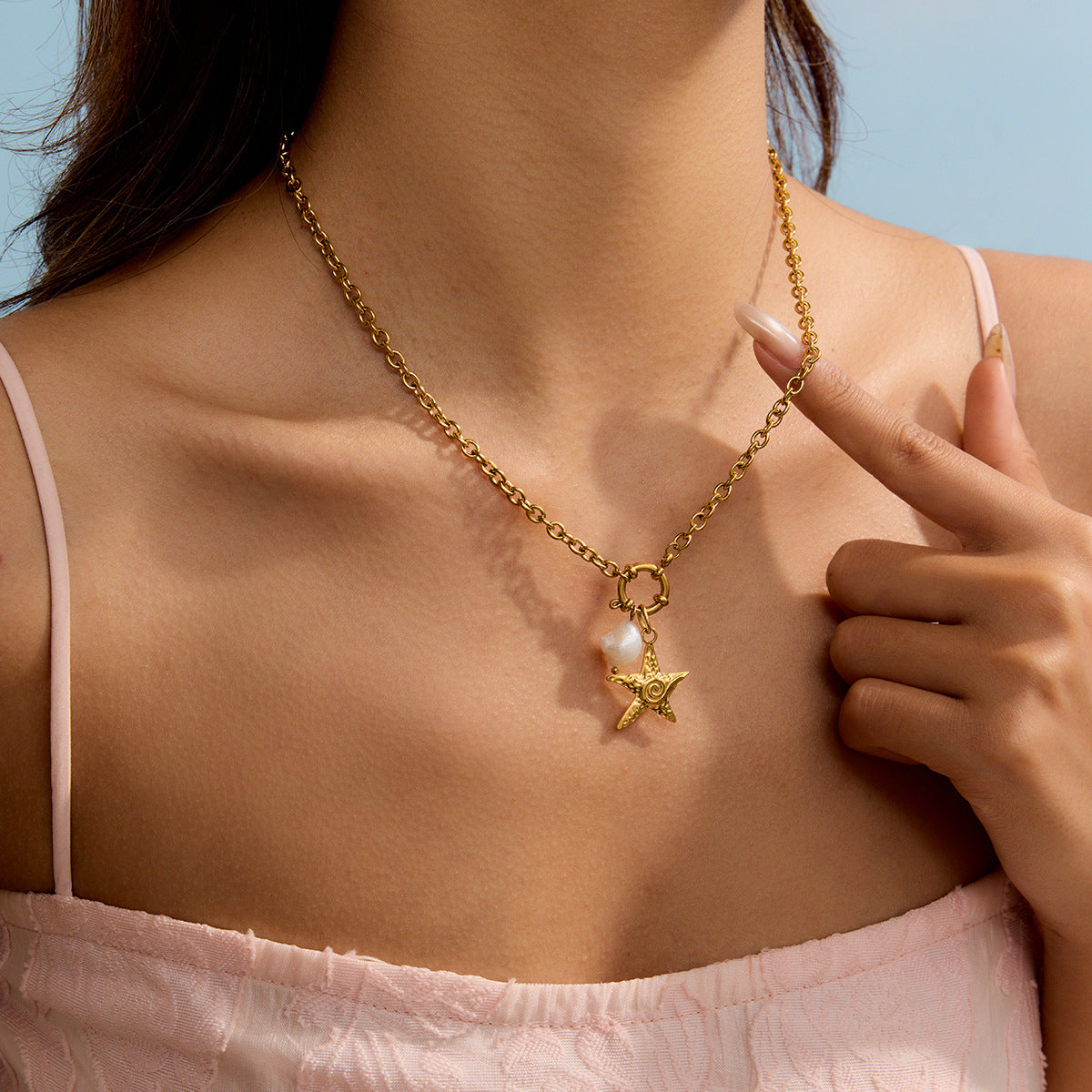 Vacation Style Necklace with Pearl Ocean Wave Pendant Hammered Starfish