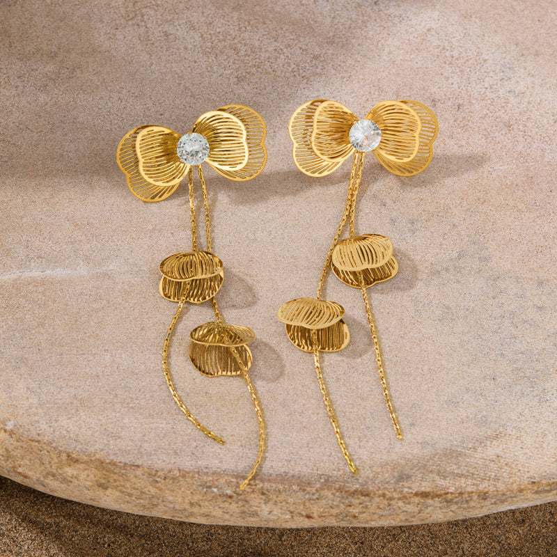 Vintage Luxe Titanium Steel Earrings – Crystal-Embellished Butterfly Dangle Earrings with Tassel
