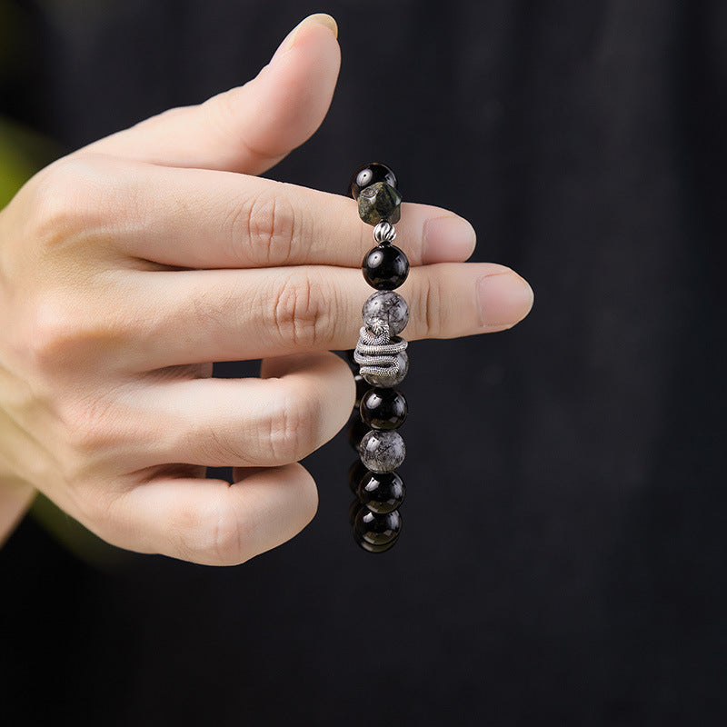 S925 Sterling Silver Black Obsidian & Tourmalinated Quartz Snake Year Bracelet | Yin Yang Protection Jewelry | Zen Buddhist Style Gift for Him