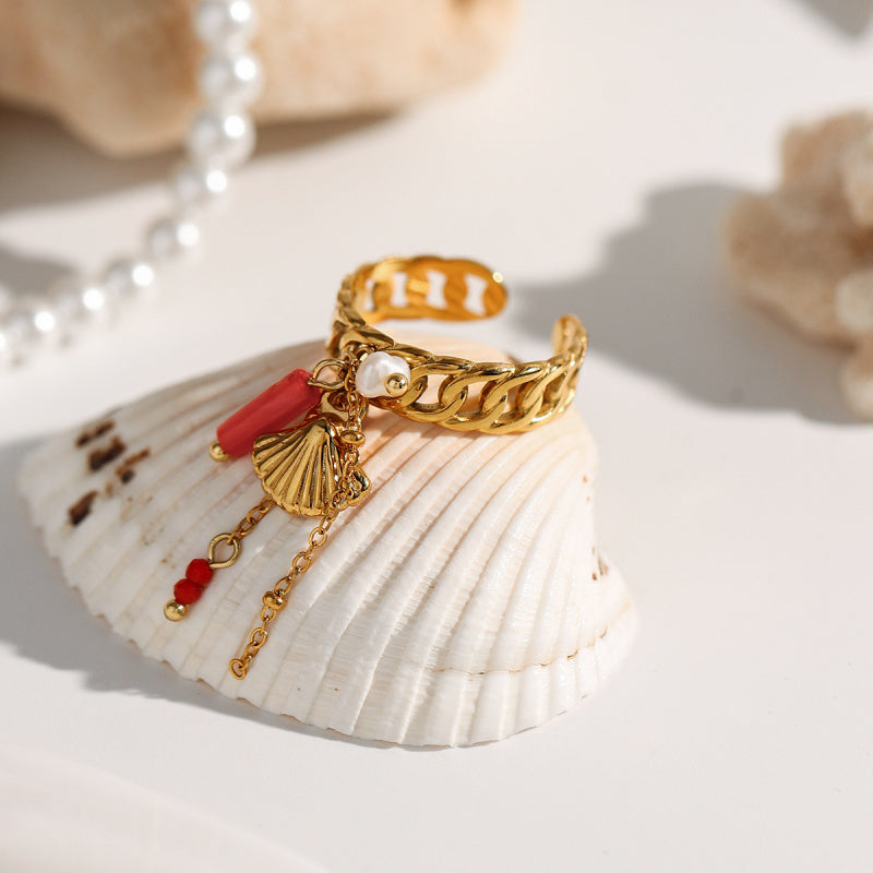 Boho Shell & Crystal Pendant with Twist Titanium Ring