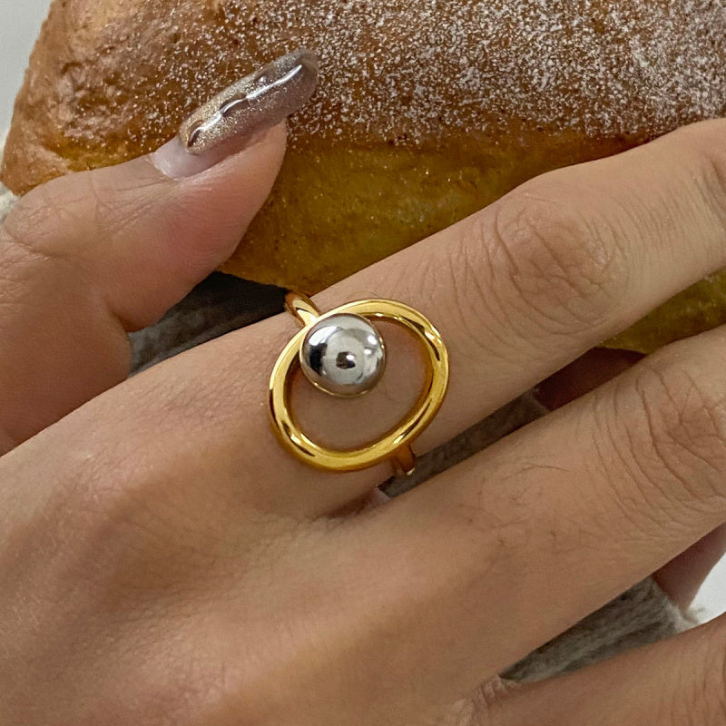 Modern Two-Tone Beaded Ring - Adjustable Open Band Titanium Steel Ring