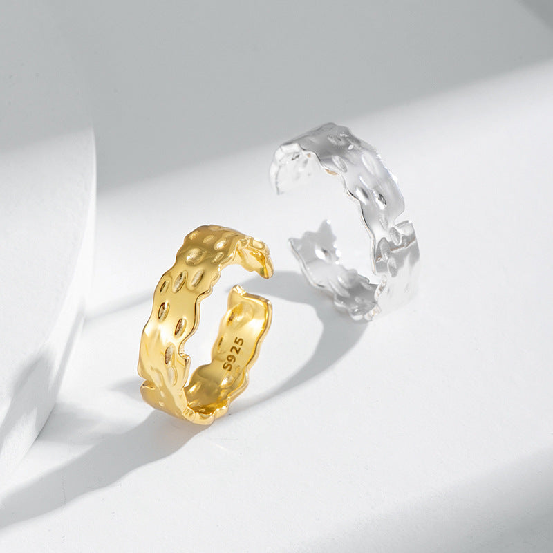 Irregular Concave-Convex Surface Tin Foil Pattern Ring for Women S925 Adjustable Silver Ring