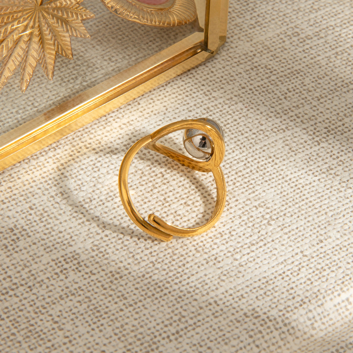 Modern Two-Tone Beaded Ring - Adjustable Open Band Titanium Steel Ring