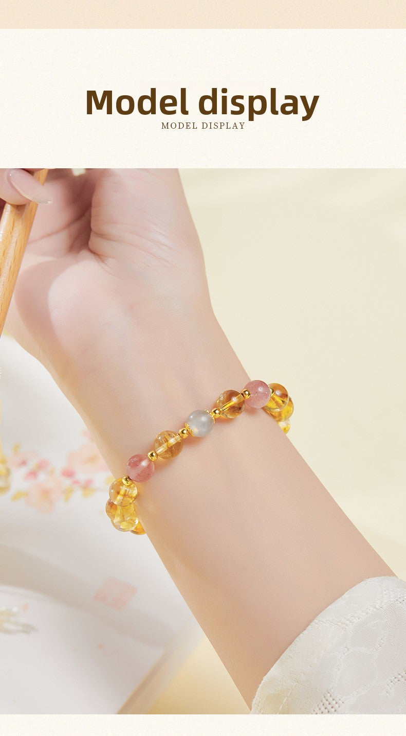 925 Sterling Silver Citrine & Strawberry Quartz Beaded Bracelet for Women | Boho Chic Gemstone Jewelry | Unique Gift for Her