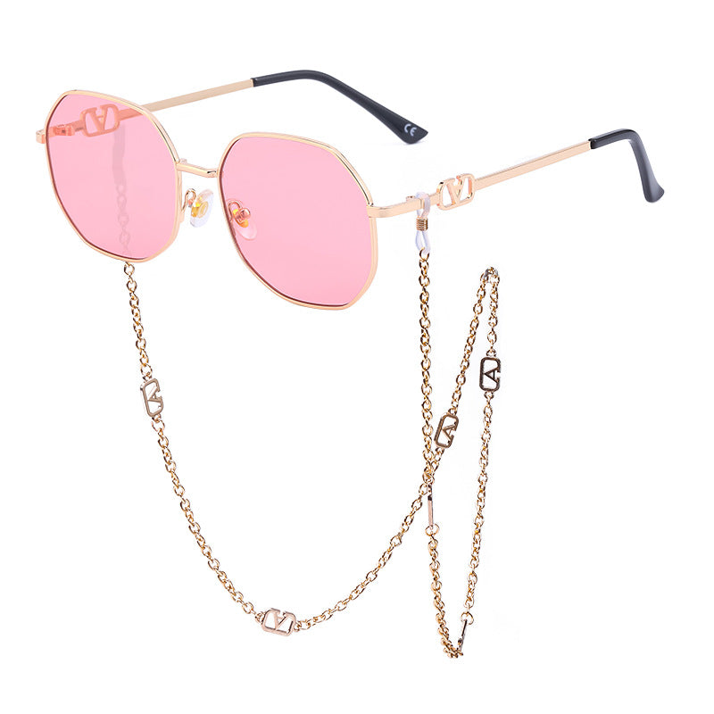 Trendy Internet Celebrity Style Anti-Drop Chain Strap Irregular Polygonal Full Frame Sunglasses