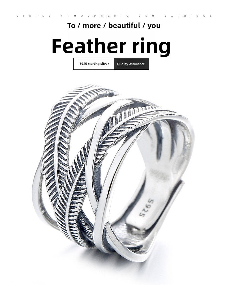 S925 Sterling Silver Ring Classic Feather Line Cross Trendy Adjustable