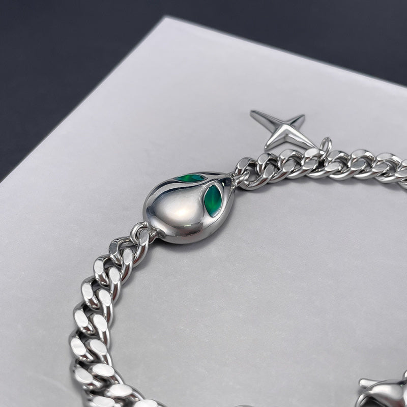Hip Hop Cuban Chain Bracelet - Trendy Alien Pendant Stainless Steel Unisex Jewelry | Vintage Retro Adjustable Hand Chain