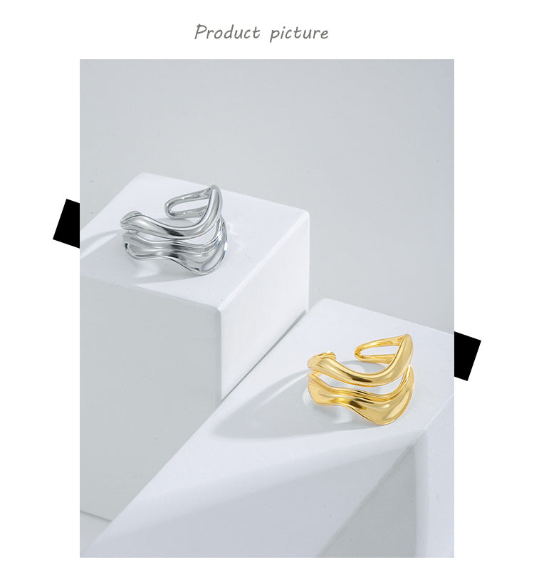 Irregular Wave Silver Ring for Women S925 Sterling Silver Versatile Double Layer Hollow Fashion Adjustable Ring