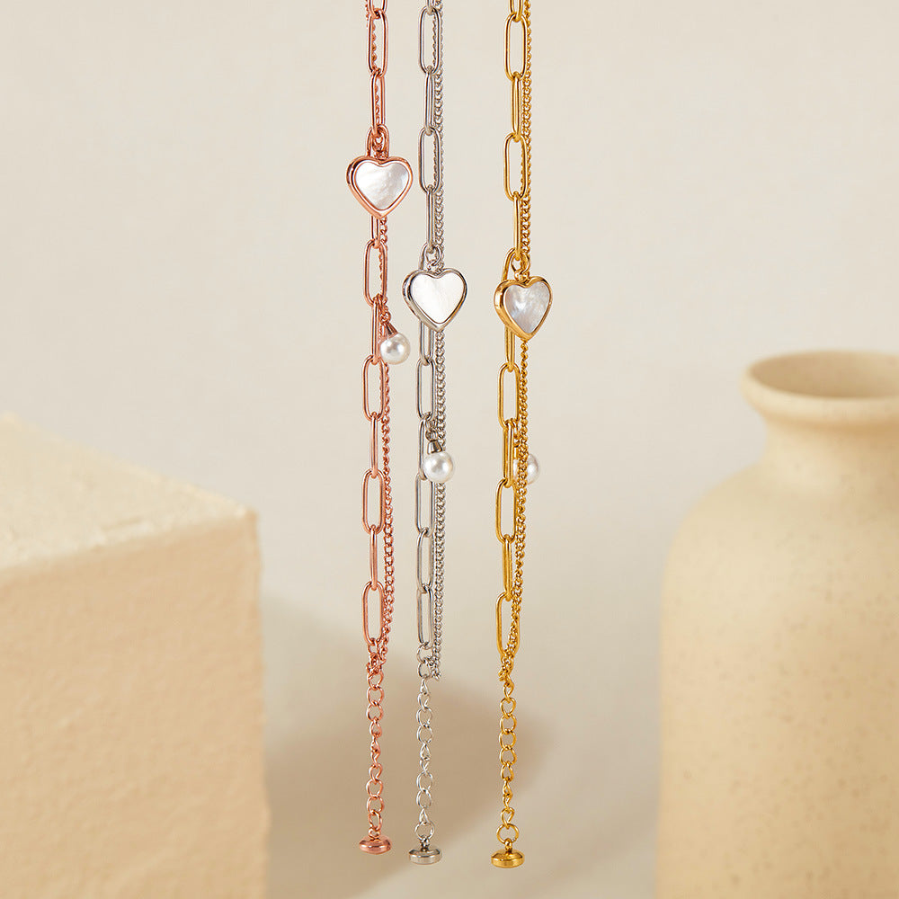 Luxury Double Layer Titanium Steel Pearl Bracelet for Women - Fashion Adjustable Heart Pendant Dainty Hand Jewelry