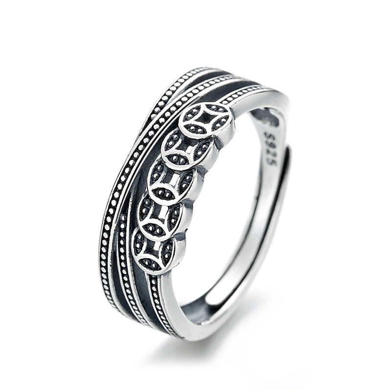 S925 Sterling Silver Ring Copper Coin Pattern Ring Vintage Oxidized Ethnic Style Multi-layer Wrapped