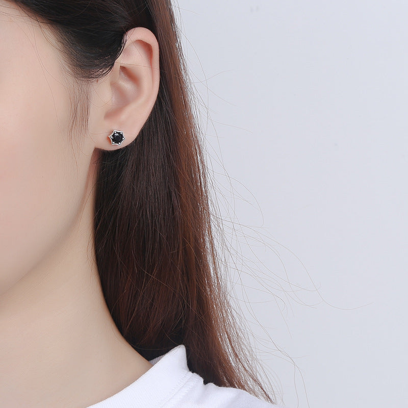 S925 Silver Stud Earrings Vintage Personality Black Diamond Hexagram Stud Earrings