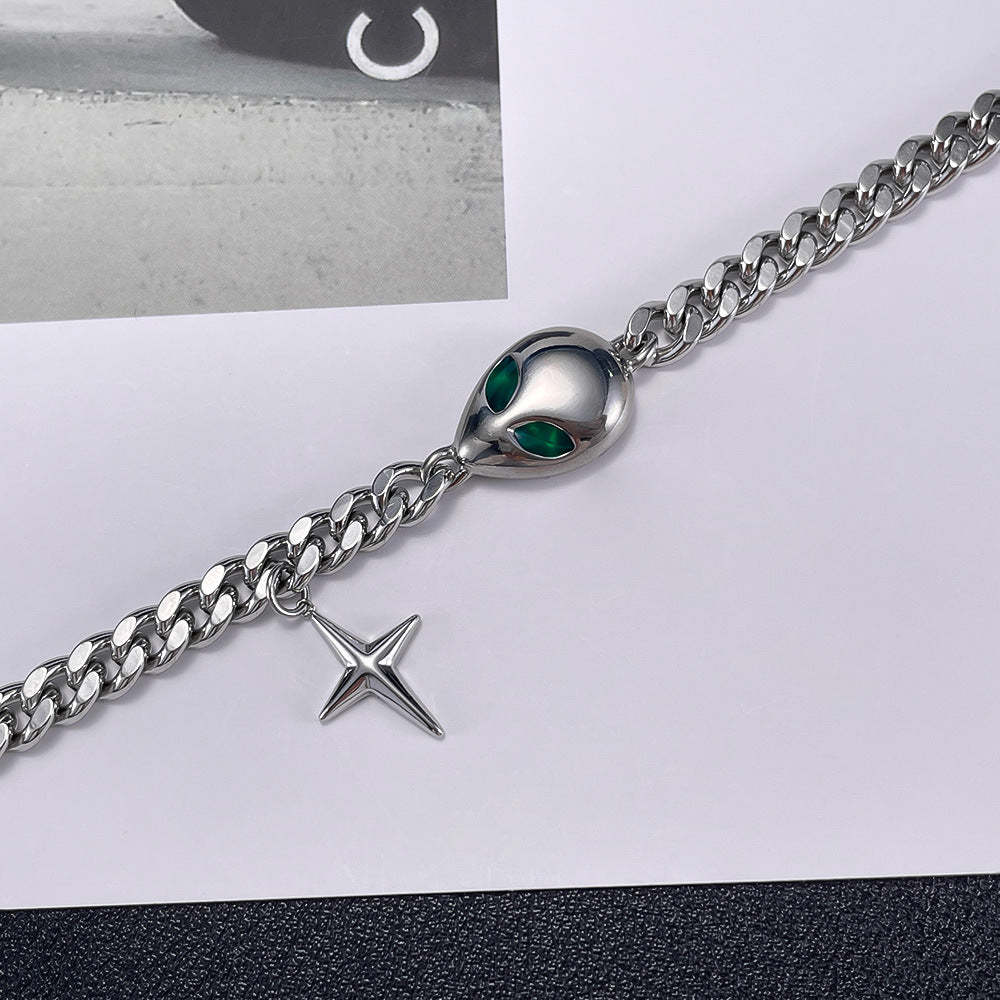 Hip Hop Cuban Chain Bracelet - Trendy Alien Pendant Stainless Steel Unisex Jewelry | Vintage Retro Adjustable Hand Chain