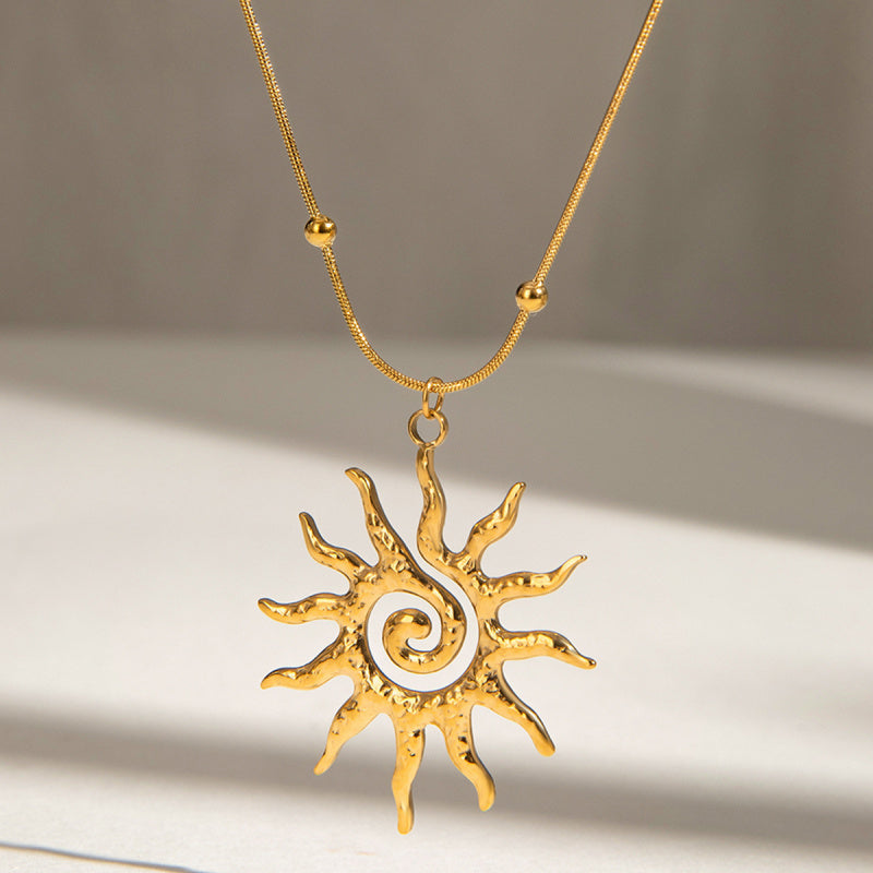 Hammered Spiral Sun Pendant Necklace - Titanium Steel Minimalist Chain
