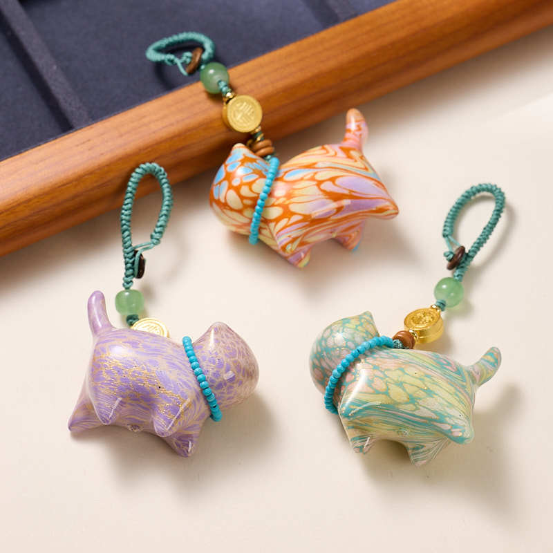 Authentic Temple Fortune Cat Pendant - Handmade Chinese Lacquer Money Charm for Purse/Car/Keys