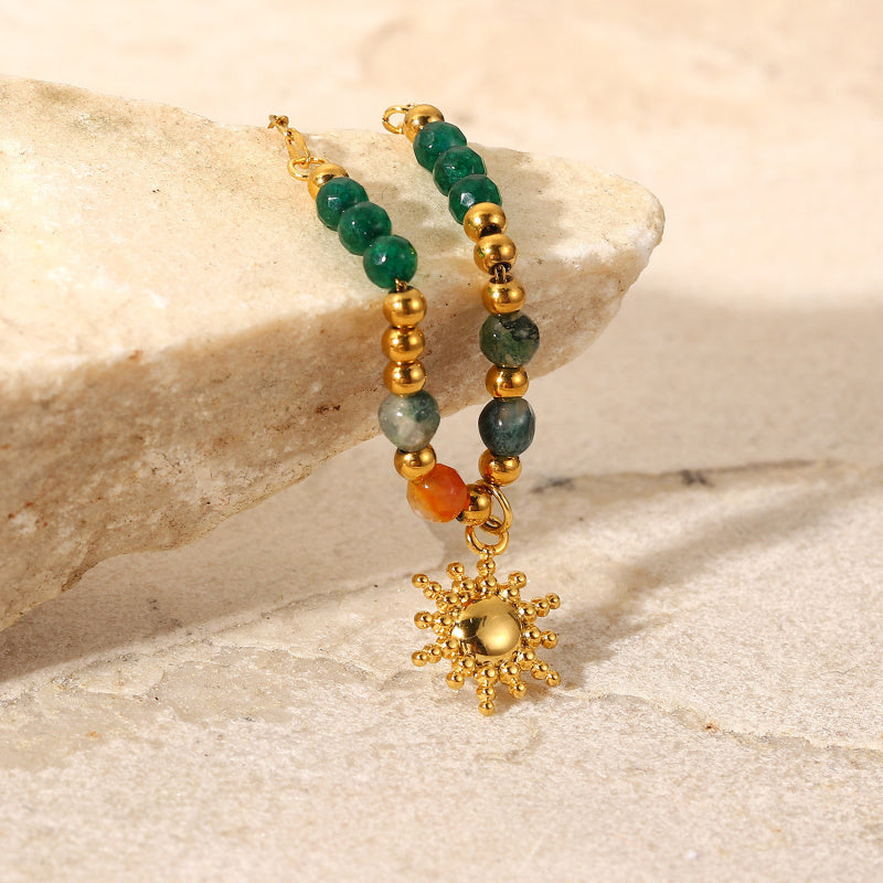 Boho Sun Pendant Stainless Steel Necklace with Natural Stone Vintage French Inspired Jewelry