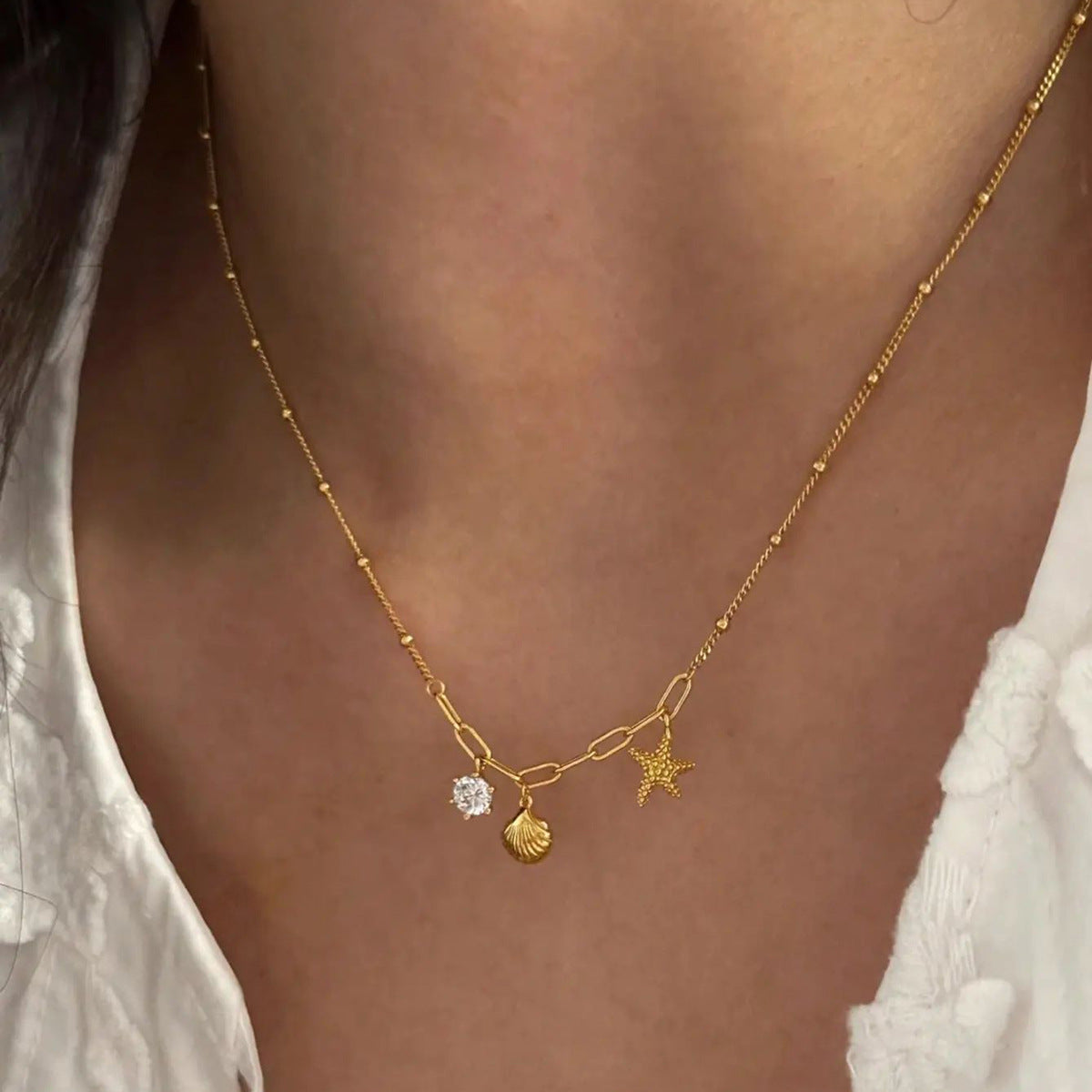 Dainty Stainless Steel Necklace with Starfish Zircon Pendant