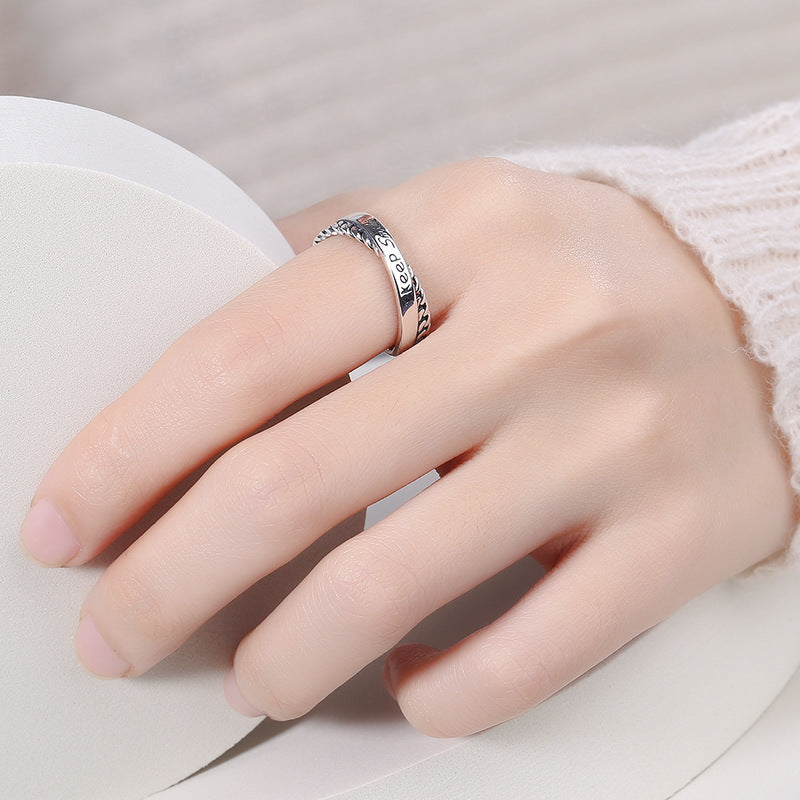 Keep Smile Words Print Cross-over S925 Sterling Silver Ring Fashion Personality INS Style