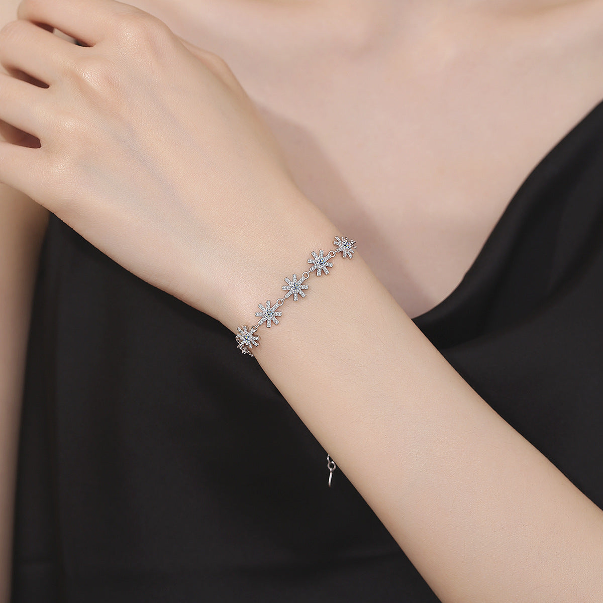 S925 Sterling Silver Bracelet with Sparkling Moissanite Cross and Snowflake Design
