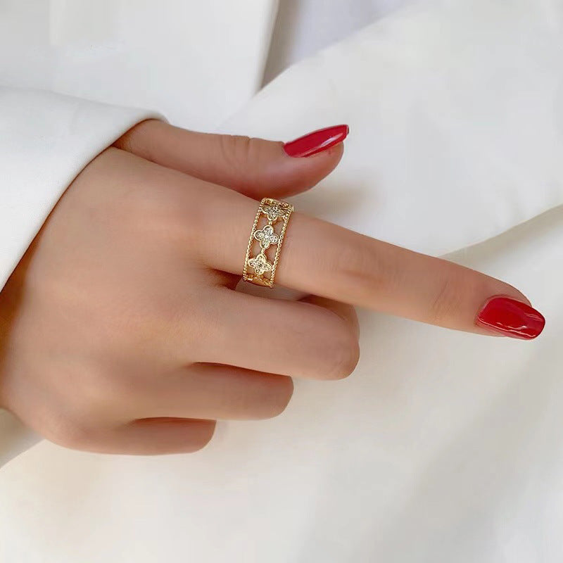Luxury Hollow Clover Ring - Four-Leaf Diamond Accent Open Band, Dainty Stackable Gold/Silver Ring for Women