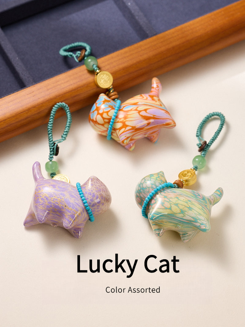 Authentic Temple Fortune Cat Pendant - Handmade Chinese Lacquer Money Charm for Purse/Car/Keys