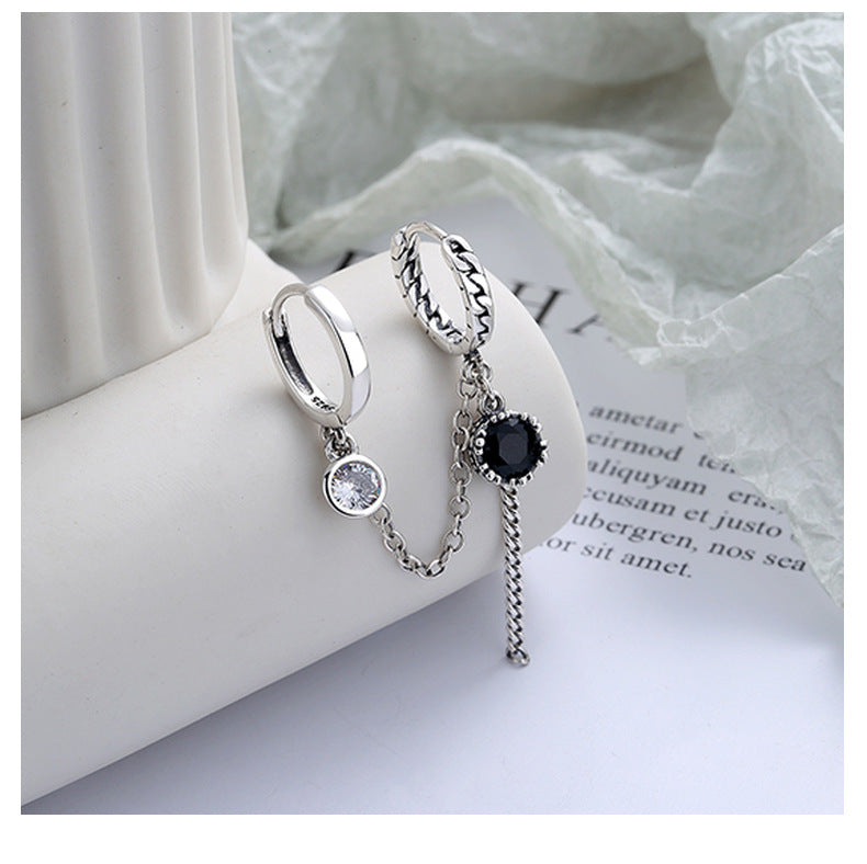 S925 Sterling Silver Black Zirconia Drop Earrings – Y2K Hoop Earrings with Double Leverback & Tassel Design | Viral TikTok Jewelry