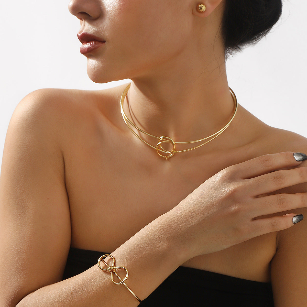 Minimalist Knotted Metal Jewelry Set - High Polish Earrings, Cuff & Choker | Contemporary Dainty Stackables