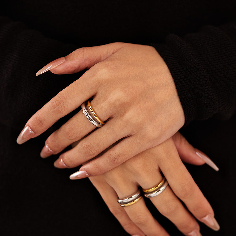 French Style Two-Tone Titanium Steel Ring - Minimalist Unisex Jewelry | Trendy Stackable Band