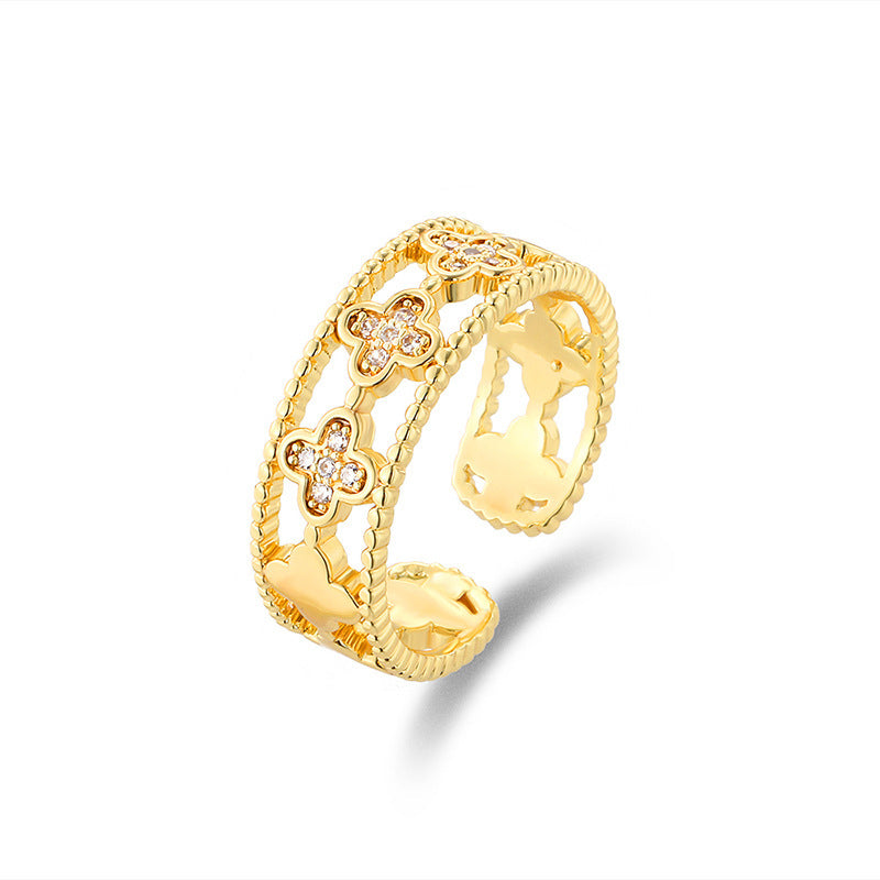 Luxury Hollow Clover Ring - Four-Leaf Diamond Accent Open Band, Dainty Stackable Gold/Silver Ring for Women