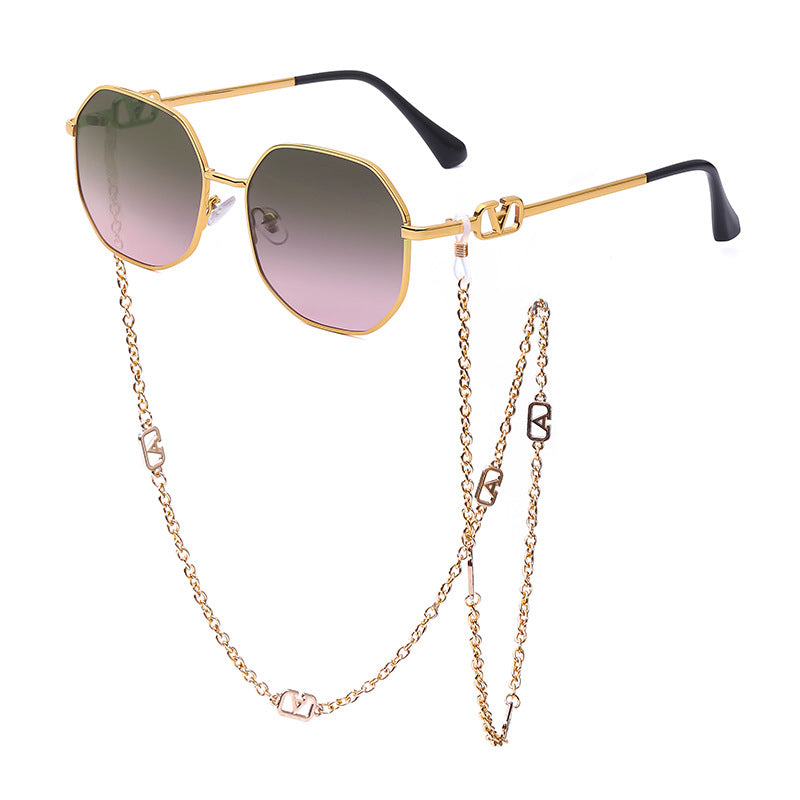Trendy Internet Celebrity Style Anti-Drop Chain Strap Irregular Polygonal Full Frame Sunglasses