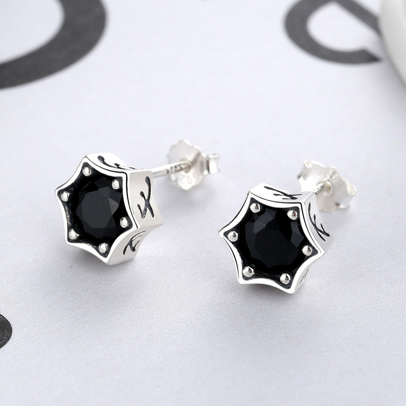 S925 Silver Stud Earrings Vintage Personality Black Diamond Hexagram Stud Earrings