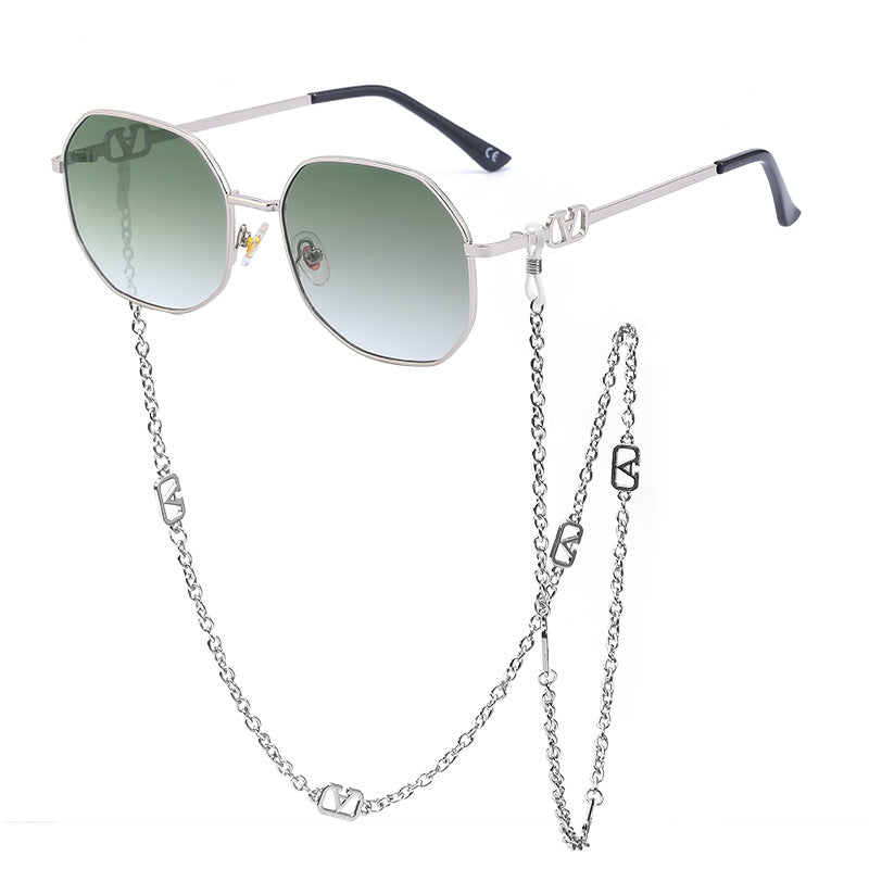 Trendy Internet Celebrity Style Anti-Drop Chain Strap Irregular Polygonal Full Frame Sunglasses