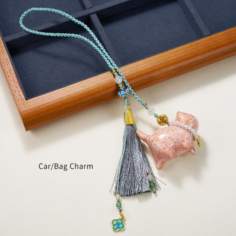 Authentic Temple Fortune Cat Pendant - Handmade Chinese Lacquer Money Charm for Purse/Car/Keys