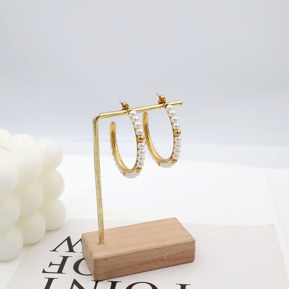 French Luxury Pearl Hoop Earrings - 18K Gold Plated Titanium Steel C-Shape Earrings