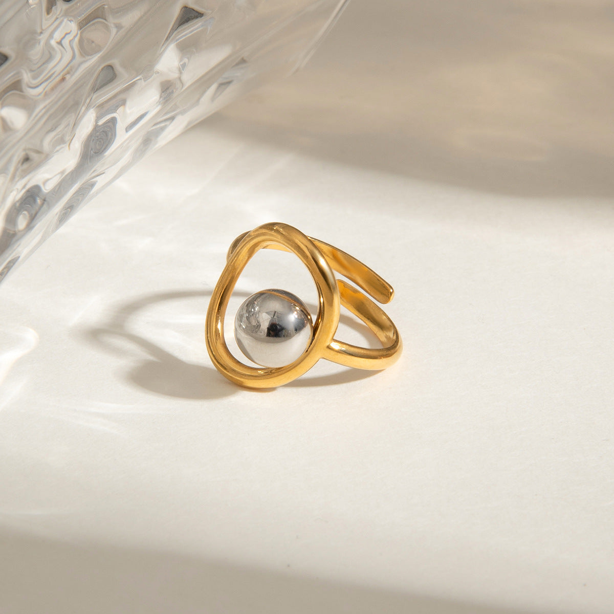 Modern Two-Tone Beaded Ring - Adjustable Open Band Titanium Steel Ring