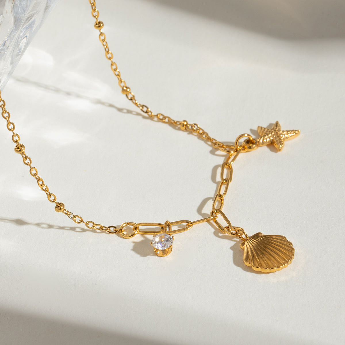 Dainty Stainless Steel Necklace with Starfish Zircon Pendant