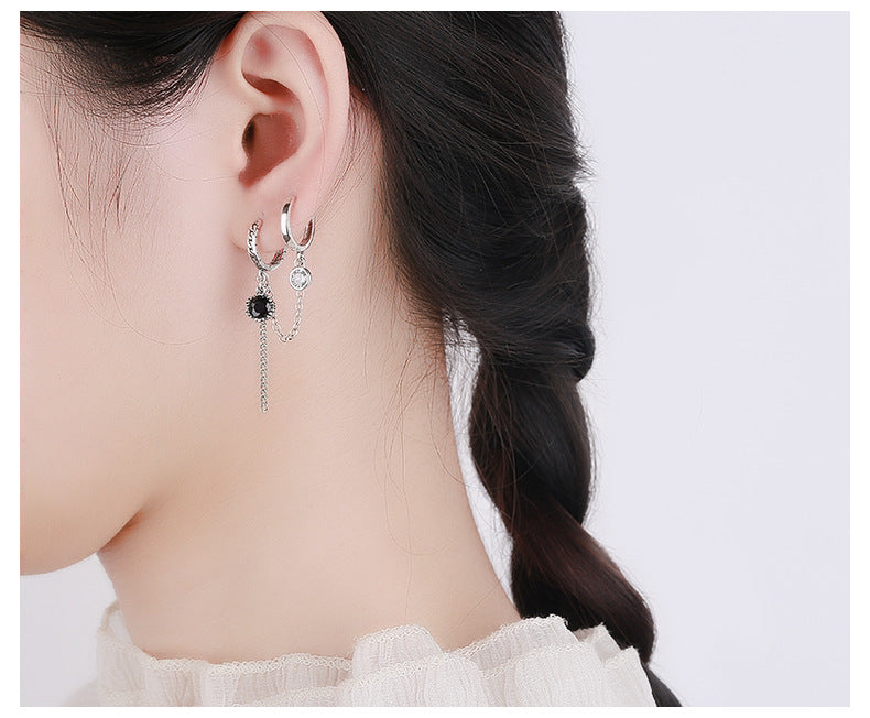 S925 Sterling Silver Black Zirconia Drop Earrings – Y2K Hoop Earrings with Double Leverback & Tassel Design | Viral TikTok Jewelry