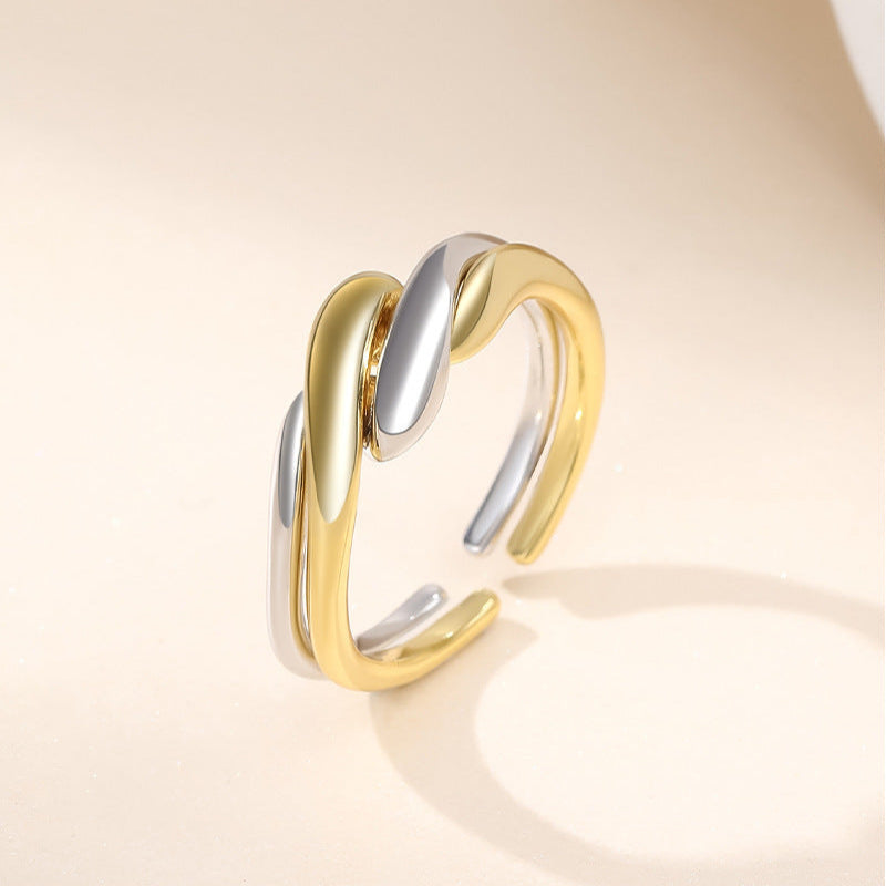 Double Ring S925 Silver Ring Plain Band Water Ripple Adjustable Ring Ins Style Simple Stacking Jewelry