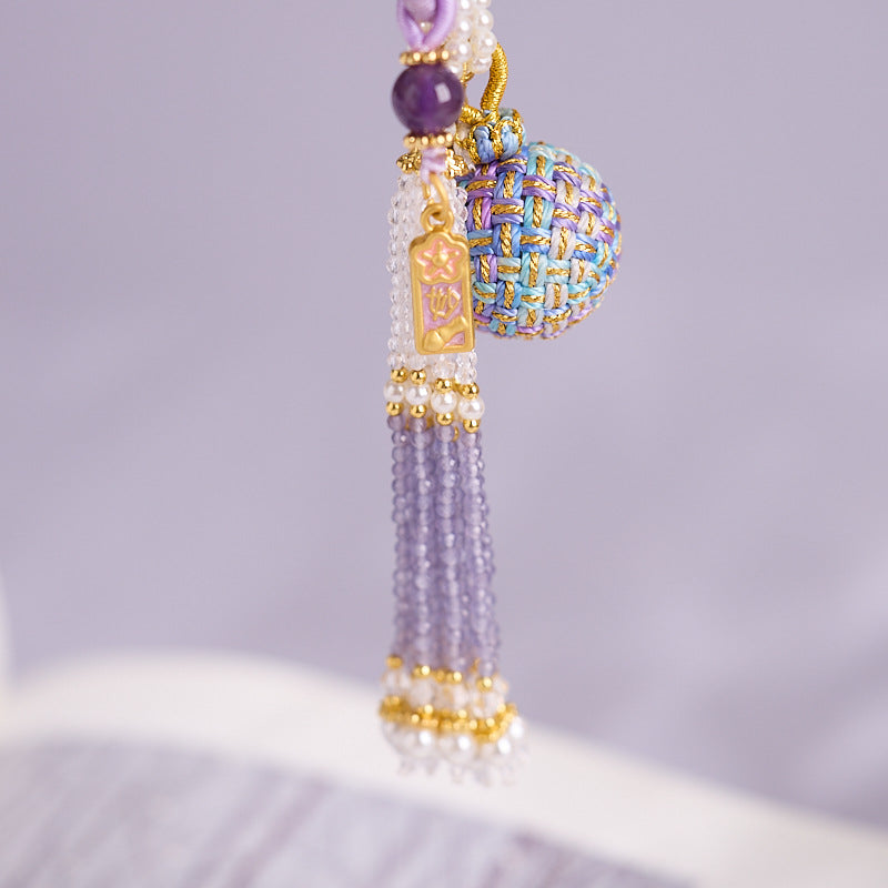 'Make It Happen' Purple Crystal Wish Fulfilling Bag Charm - Temple Style Rope Spiritual Pendant