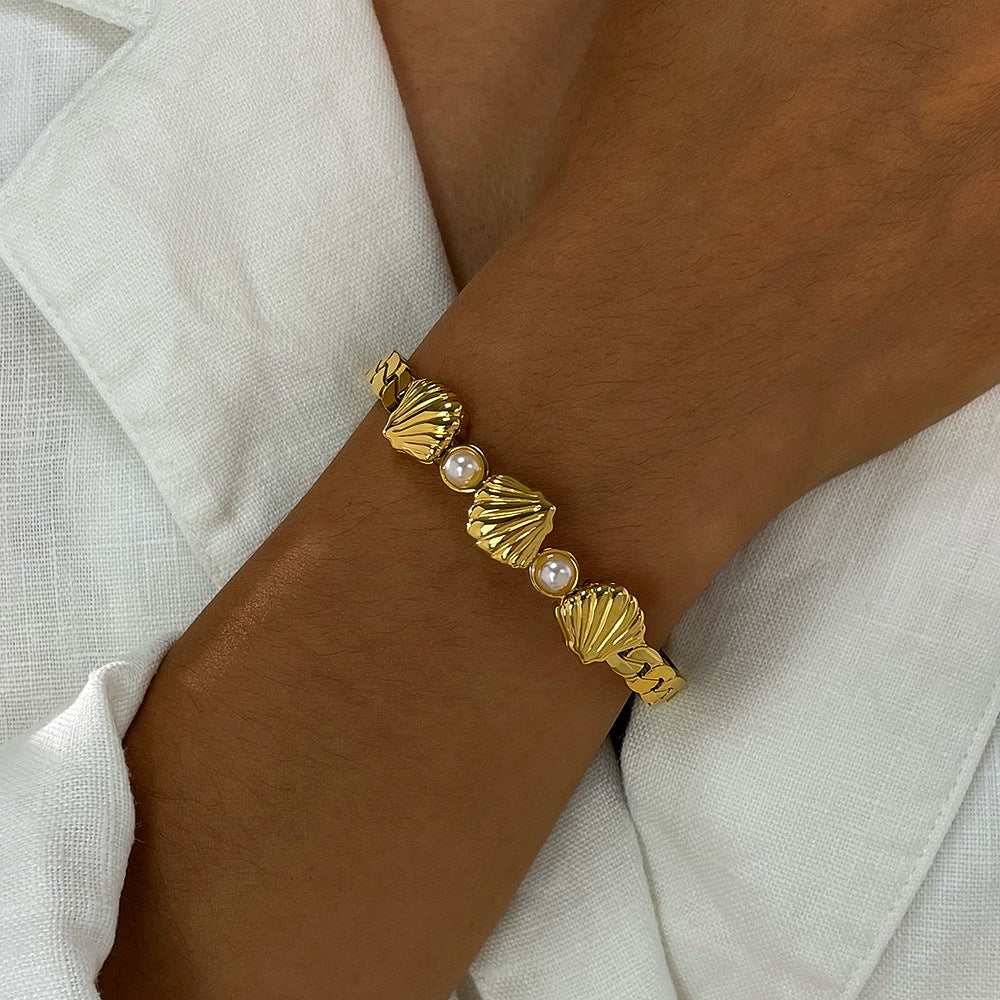 Boho Pearl Shell Bracelet for Women - Vintage Stainless Steel Cuff, Minimalist Instagram Jewelry, Unique Dainty Hand Chain