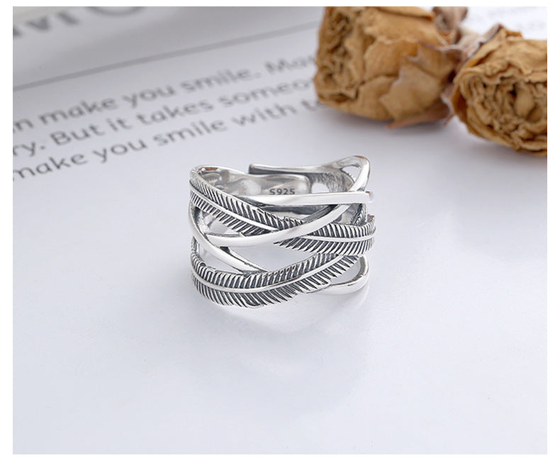 S925 Sterling Silver Ring Classic Feather Line Cross Trendy Adjustable