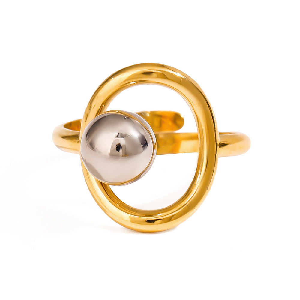 Modern Two-Tone Beaded Ring - Adjustable Open Band Titanium Steel Ring